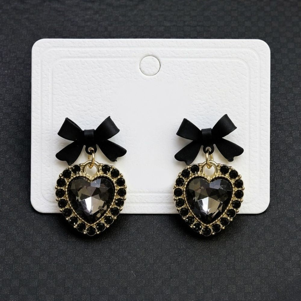 Black Crystal Heart Bow Earrings