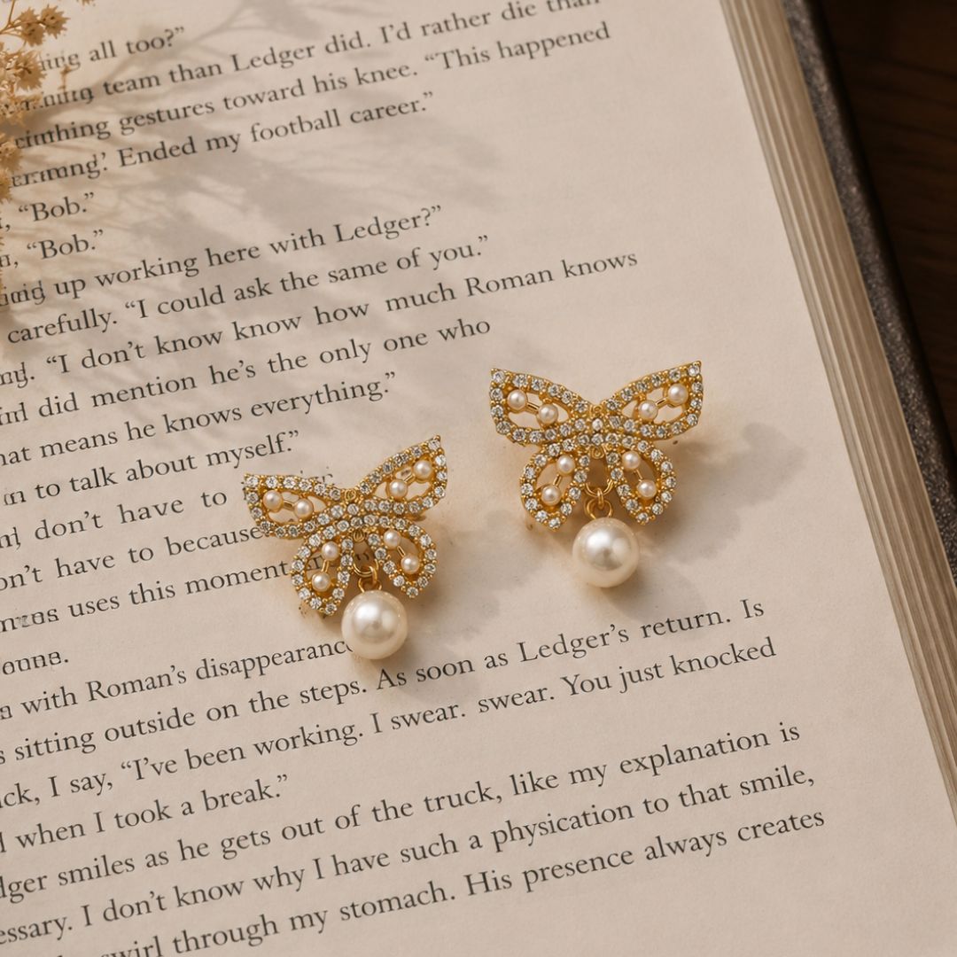 Flutter Crystal Butterfly Pearl Drop Earrings