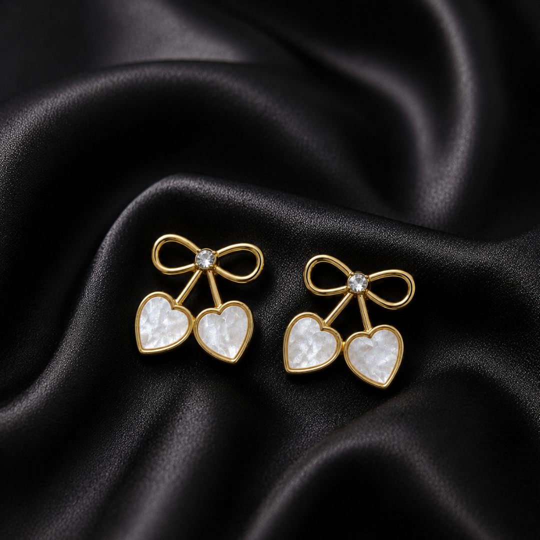 Golden Bow Double Heart Earrings
