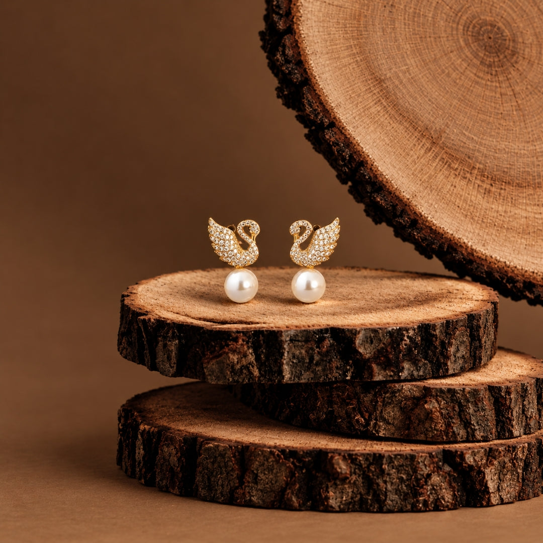 Swan Pearl Drop Stud Earrings