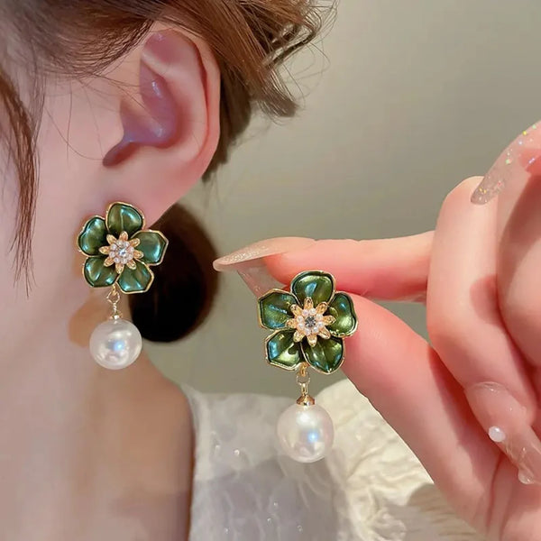 Emerald Petal Pearl Earrings