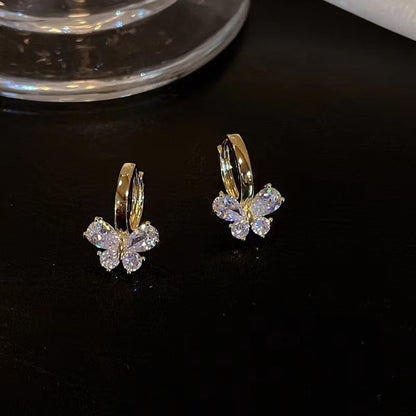 Silver Zircon Butterfly Hoops Earrings