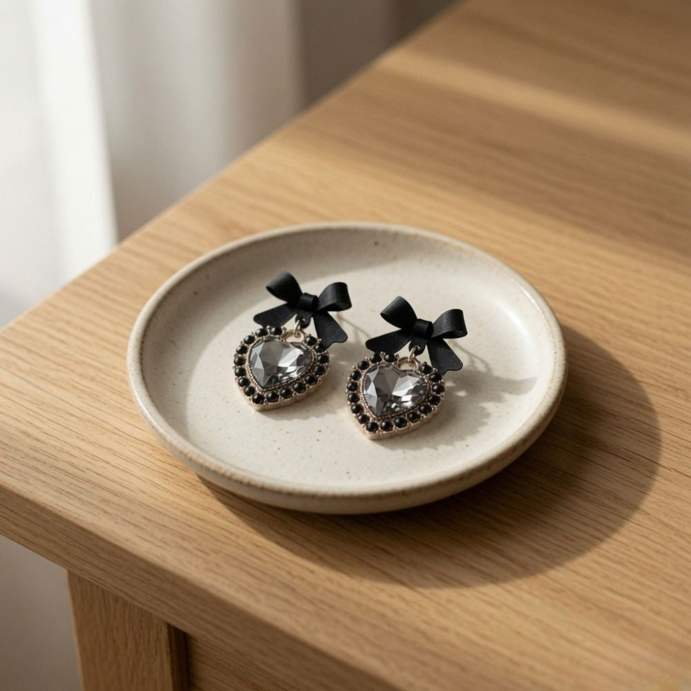 Black Crystal Heart Bow Earrings