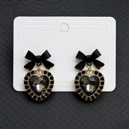 Black Crystal Heart Bow Earrings