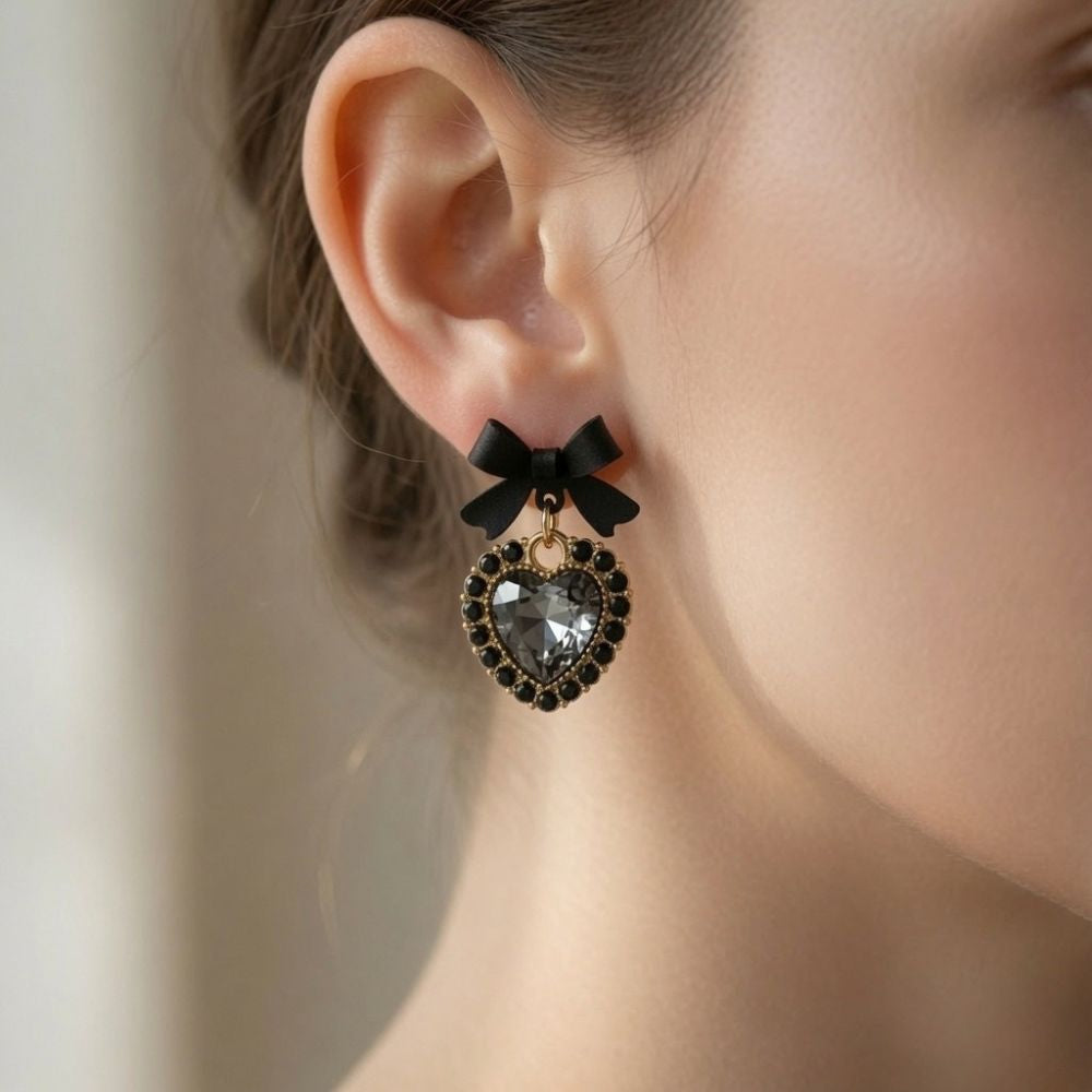 Black Crystal Heart Bow Earrings