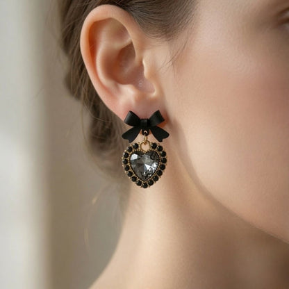 Black Crystal Heart Bow Earrings
