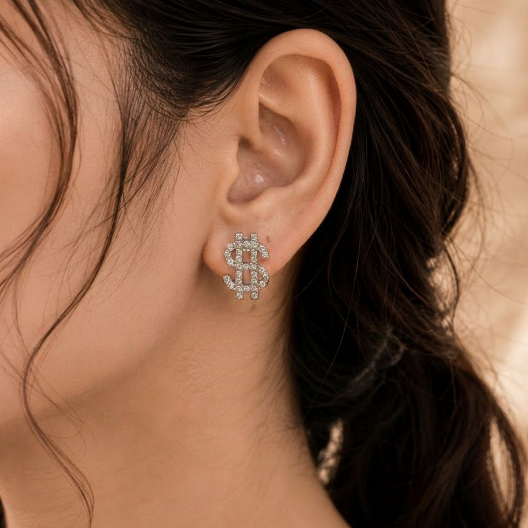 Bling Buck Dollar Crystal Stud Earrings