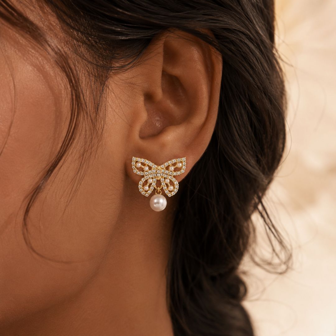 Flutter Crystal Butterfly Pearl Drop Earrings
