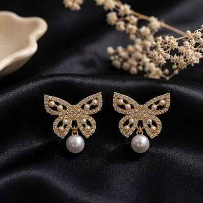 Flutter Crystal Butterfly Pearl Drop Earrings