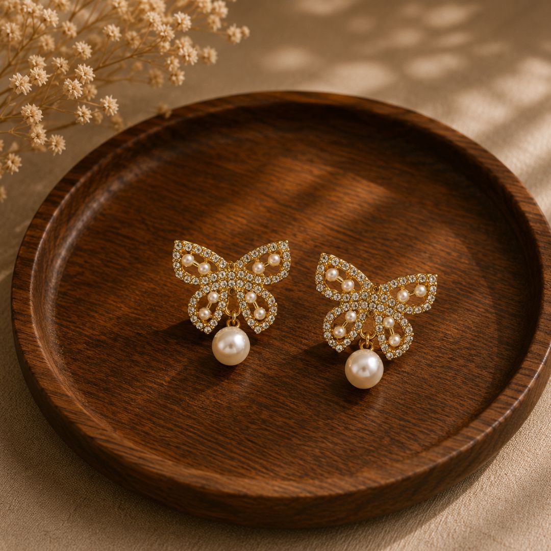 Flutter Crystal Butterfly Pearl Drop Earrings