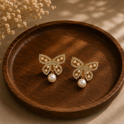 Flutter Crystal Butterfly Pearl Drop Earrings