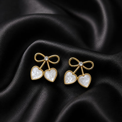 Golden Bow Double Heart Earrings