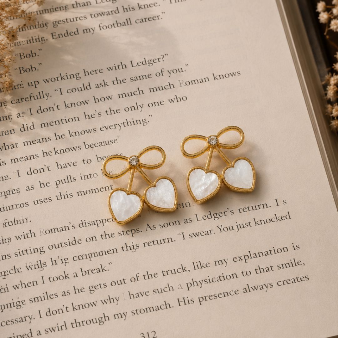 Golden Bow Double Heart Earrings