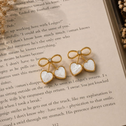 Golden Bow Double Heart Earrings