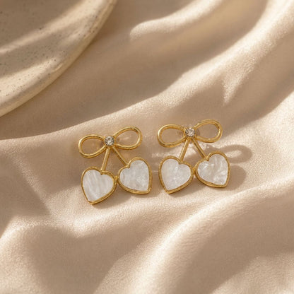 Golden Bow Double Heart Earrings