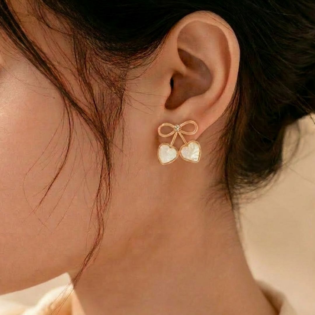 Golden Bow Double Heart Earrings
