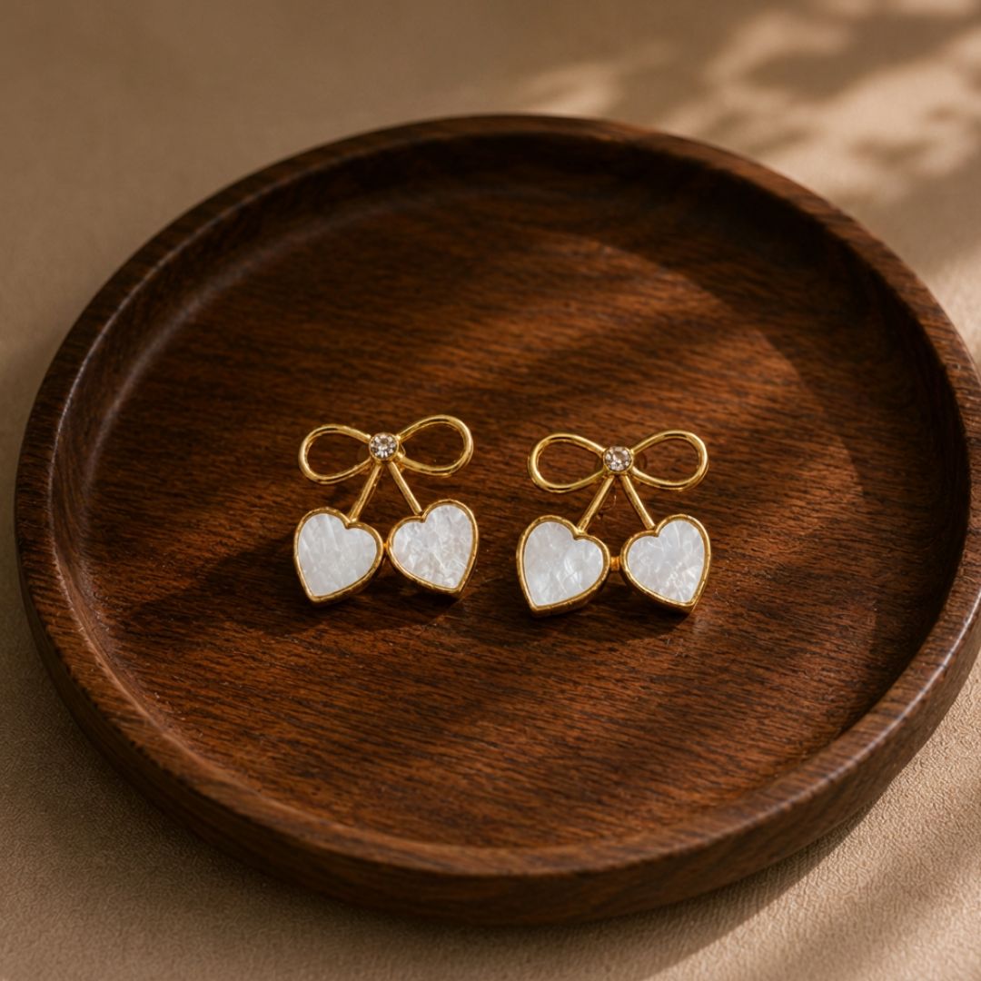 Golden Bow Double Heart Earrings