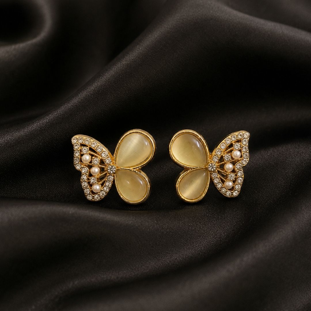 Ivory Pearl Butterfly Crystal Stud Earrings