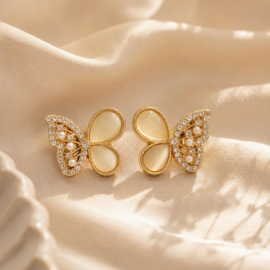 Ivory Pearl Butterfly Crystal Stud Earrings