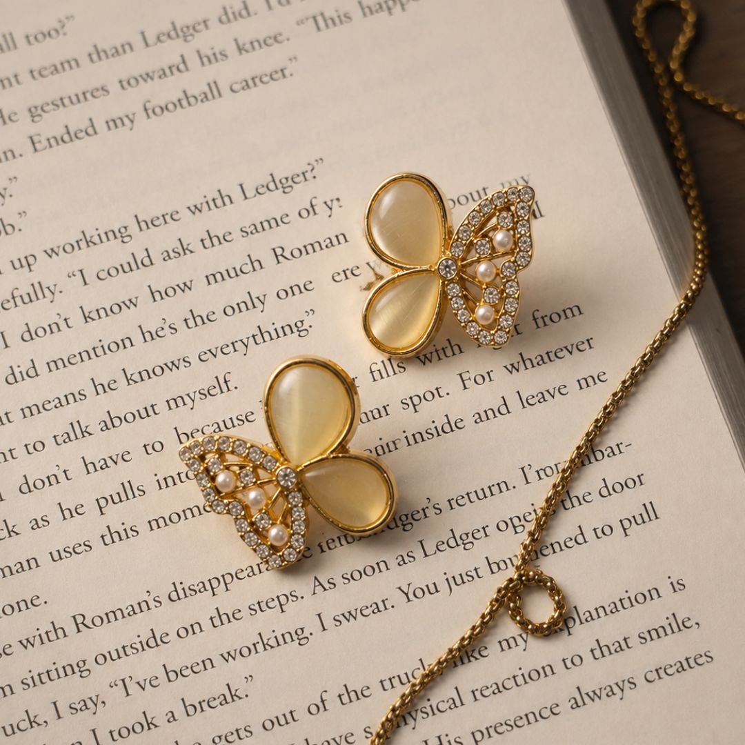 Ivory Pearl Butterfly Crystal Stud Earrings