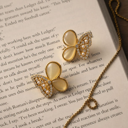 Ivory Pearl Butterfly Crystal Stud Earrings