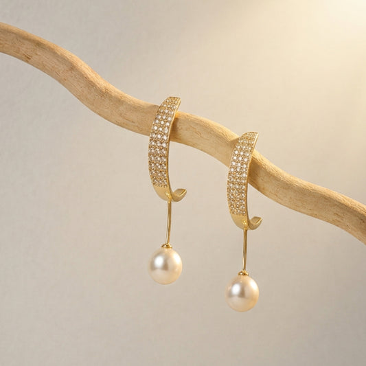 Lunara Crystal Leaf Pearl Drop Earrings