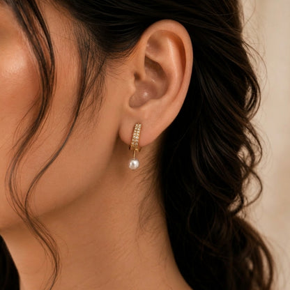Lunara Crystal Leaf Pearl Drop Earrings