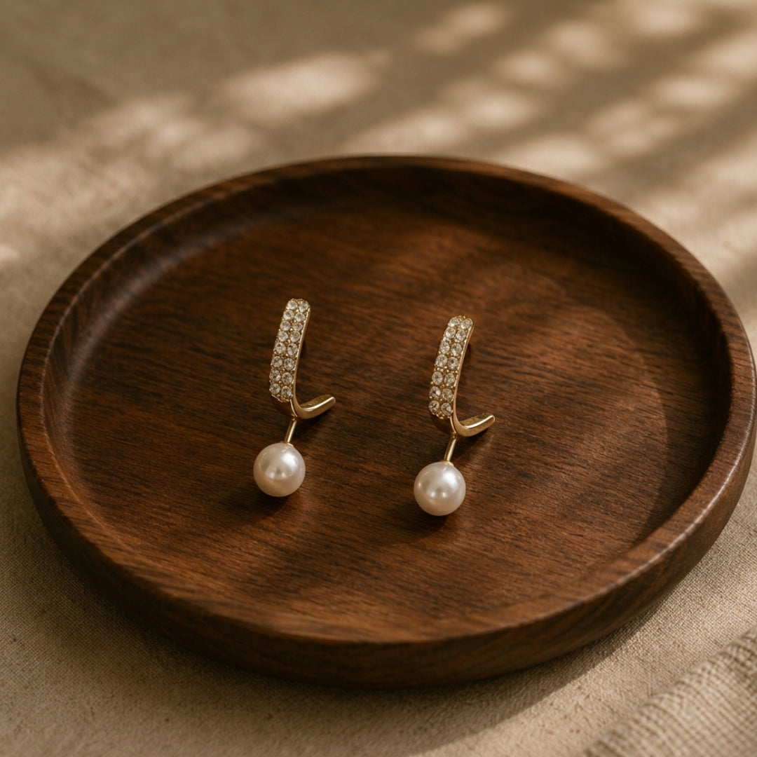 Lunara Crystal Leaf Pearl Drop Earrings