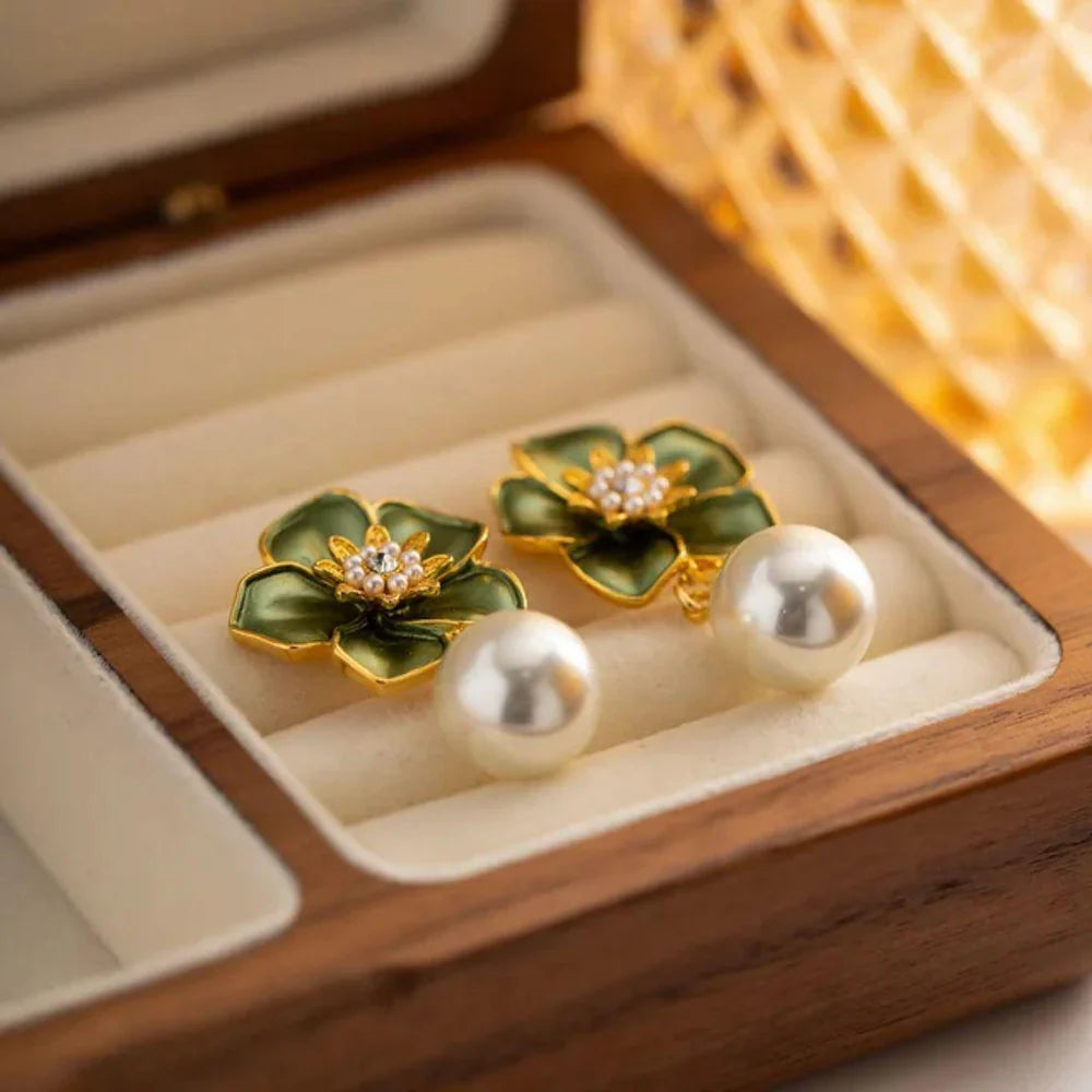 Emerald Petal Pearl Earrings