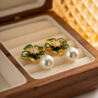 Emerald Petal Pearl Earrings