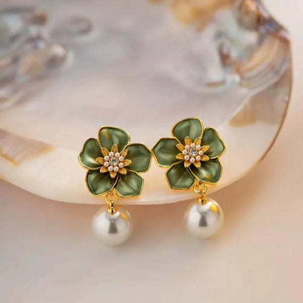 Emerald Petal Pearl Earrings