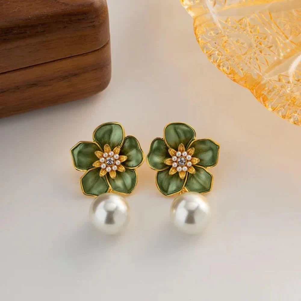 Emerald Petal Pearl Earrings