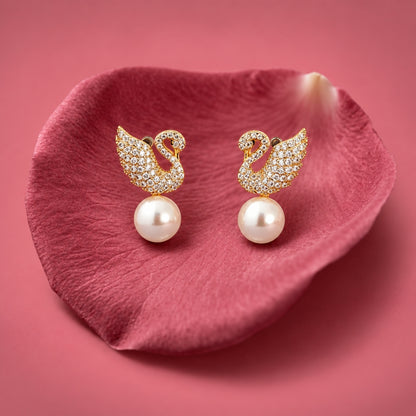 Swan Pearl Drop Stud Earrings