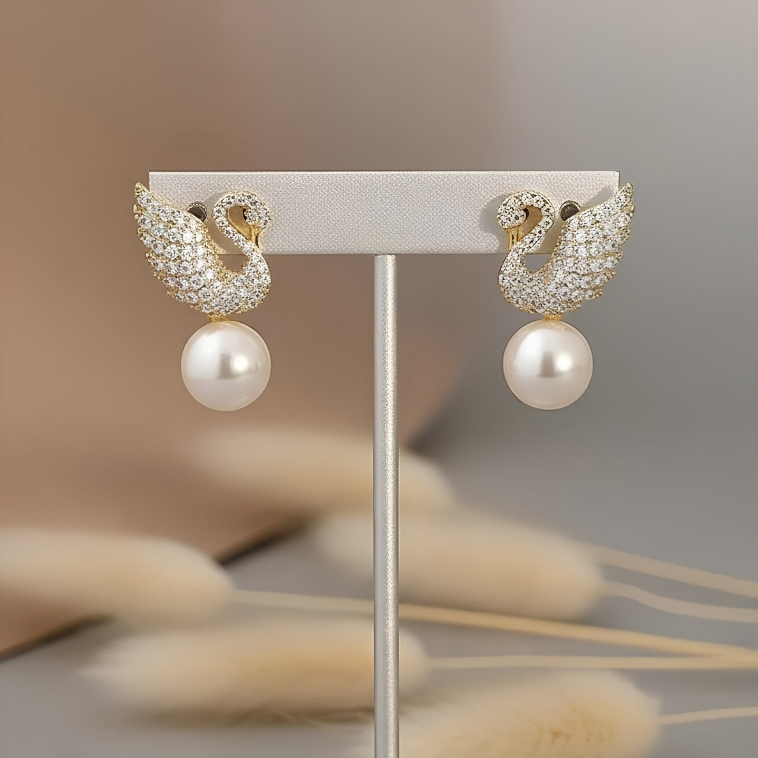 Swan Pearl Drop Stud Earrings