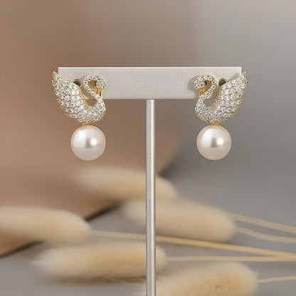 Swan Pearl Drop Stud Earrings