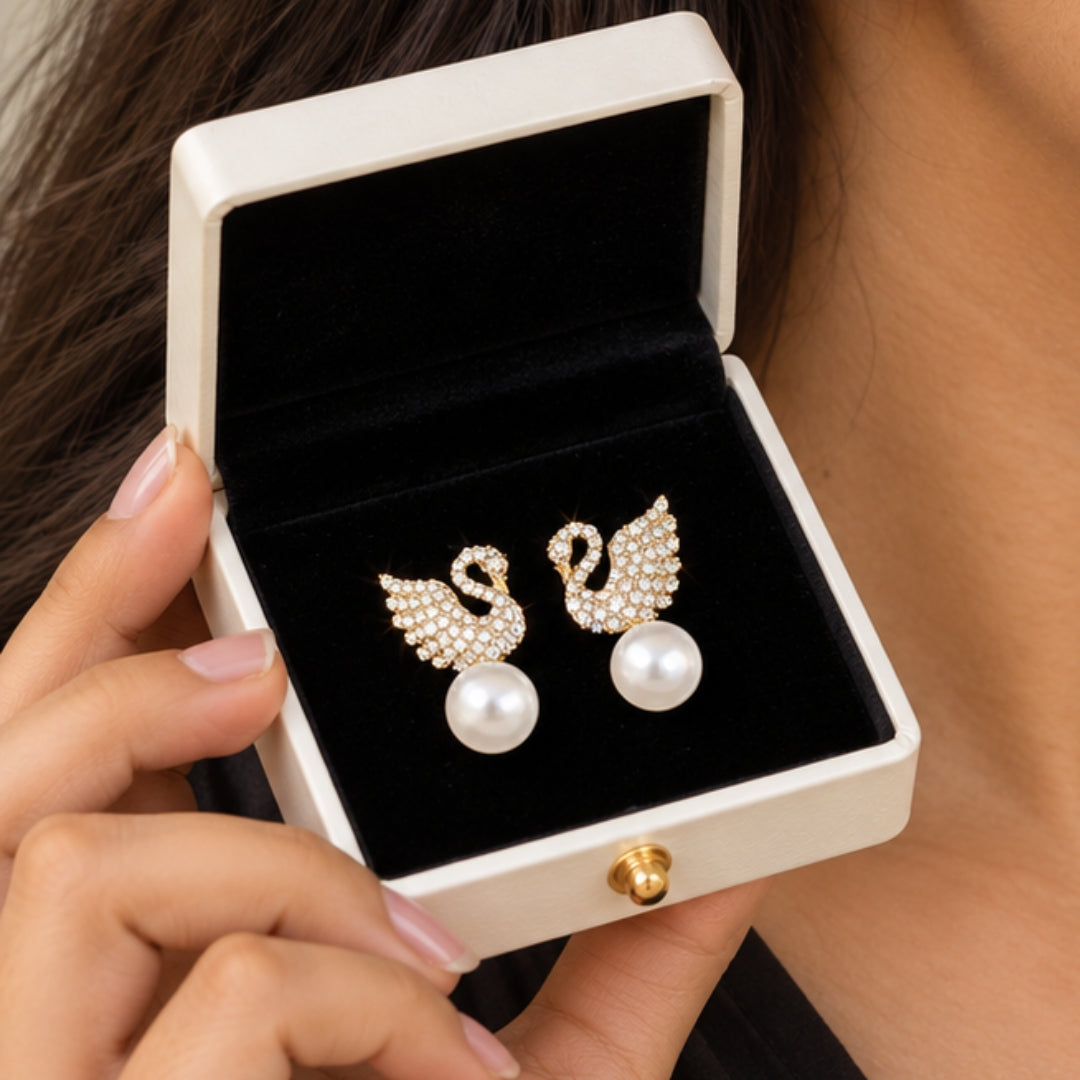 Swan Pearl Drop Stud Earrings