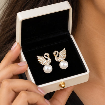 Swan Pearl Drop Stud Earrings