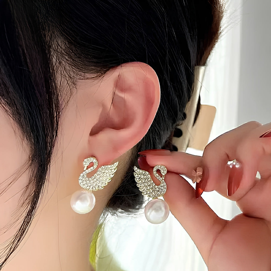 Swan Pearl Drop Stud Earrings