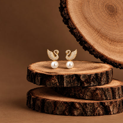 Swan Pearl Drop Stud Earrings